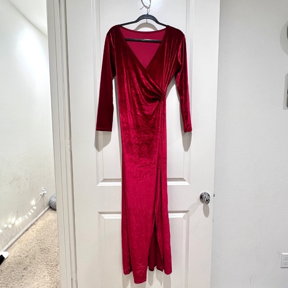 vintage red burgundy maxi dress velvet long sleeve deep v front slit wrap formal - Picture 1 of 10